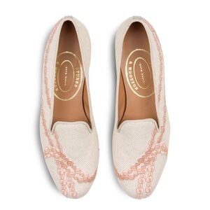 NWOT Stubbs & Wootton PEARLS IVORY LINEN SLIPPER pink tan 7 embroidered leather